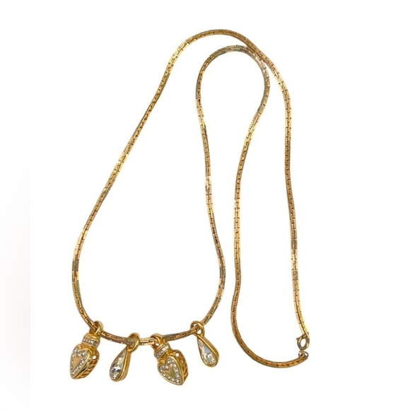 Vintage Jewelry - Vintage 1990’s gold tone square link chain 4 charms 2 crystal hearts teardrops